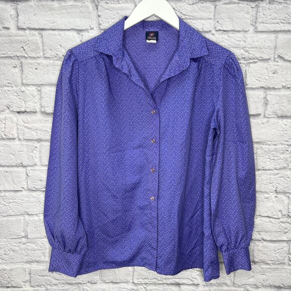 Vintage Pins and Needles Womens Blouse Purple Dot Size M 80s long Sleeve Button - Picture 8 of 8